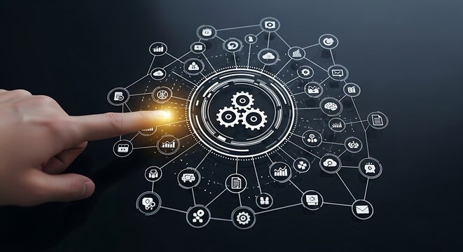 Hand touching a digital network of interconnected icons and gears, symbolizing technology and system integration