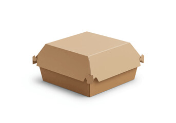 A closed tan cardboard burger box sits on a white surface