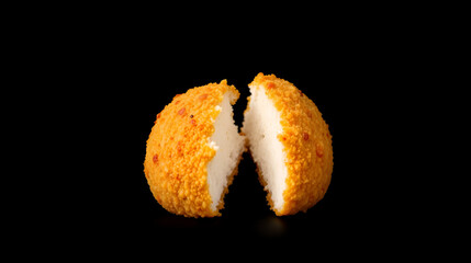 Two golden-brown, breaded chicken patties, partially bitten into, revealing a light-colored interior, set against a stark black background