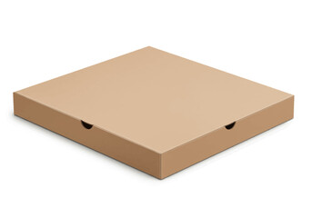 A closed tan square pizza box