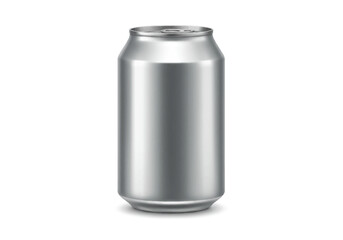 A cylindrical gray aluminum soda or beer can stands on a white background casting a subtle shadow
