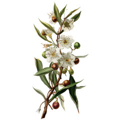 Elegant white flowering branch with delicate blossoms lush green leaves vibrant petals and artistic natural details for garden floral decor and seasonal beauty