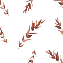 Eucalyptus twig in brown color seamless pattern watercolor illustration. Autumn textile ornament of withered leaves in monochrome terracotta color