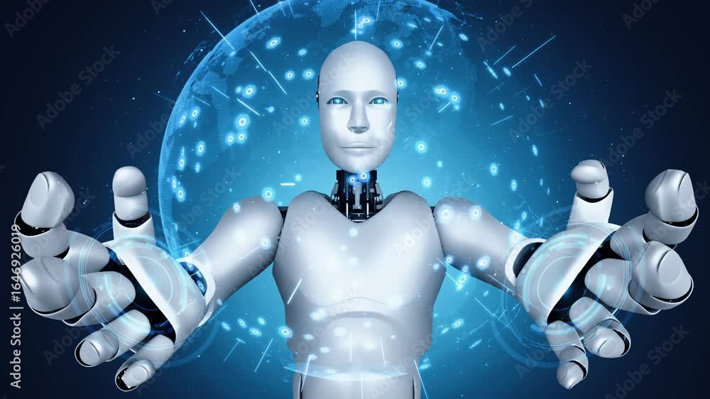 Poster ai hominoid robot holding hologram screen shows concept of global communication network using artifi