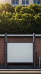 A blank billboard stands in front of a brick wall, with trees and a building in the background.