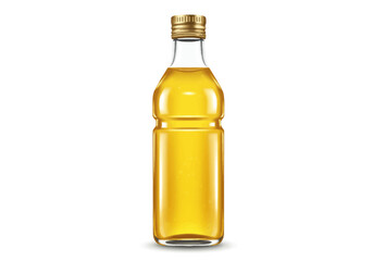 A glass bottle with a gold cap is filled with clear golden liquid