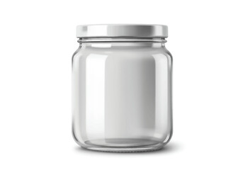 A glass jar with a silvercolored lid sitting on a white surface