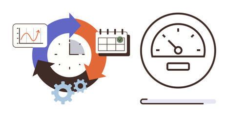 Clock with arrows, calendar checkmark, gears, performance graph, and speedometer communicate productivity, planning, and efficiency. Ideal for scheduling, productivity performance goal-setting
