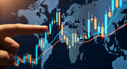 Fingers pointing at a stock market graph with world map background, representing global finance and trading