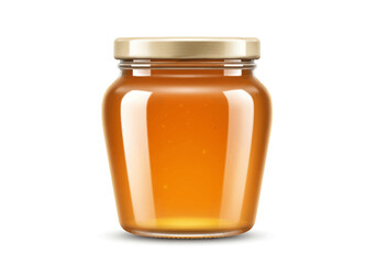 A jar of honey amber color with a gold lid centered on a white backdrop