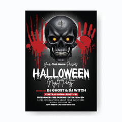 Spooky Halloween Celebration Flyer Template with Scary Skull Artwork, Trick or Treat Party Invitation, A4 Size Vector Poster, Leaflet, and Brochure Cover Design on Dark Background
