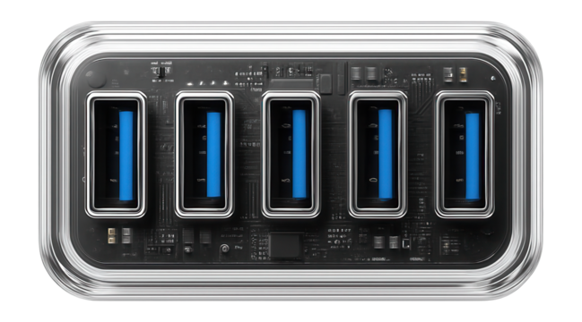 Transparent USB hub showcasing internal circuitry with four USB-A ports for device expansion