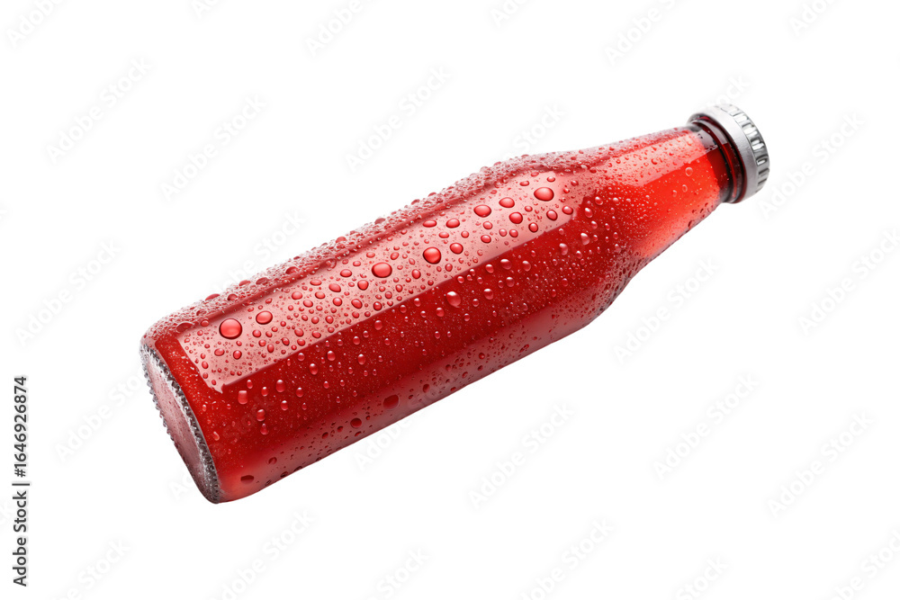 Aufkleber red glass bottle with water droplets creating attractive condensation pattern on the smooth surface,