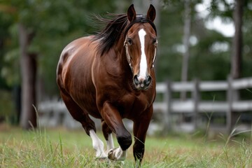 Obraz premium A brown horse with a white face spot is running in a field