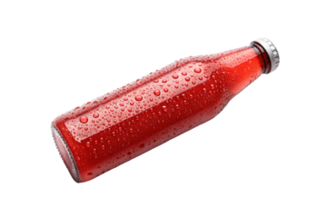 Red glass bottle with water droplets creating attractive condensation pattern on the smooth surface, isolated on a transparent background