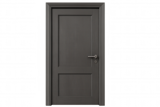Classic gray wooden door with metal handle on transparent background, perfect for interior design visualizations