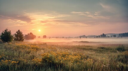 Obraz premium Soft Pink Morning Fog Over Wildflowers – Peaceful Summer Landscape Wallpaper