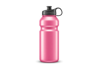 A pink water bottle with a black cap sits against a white background