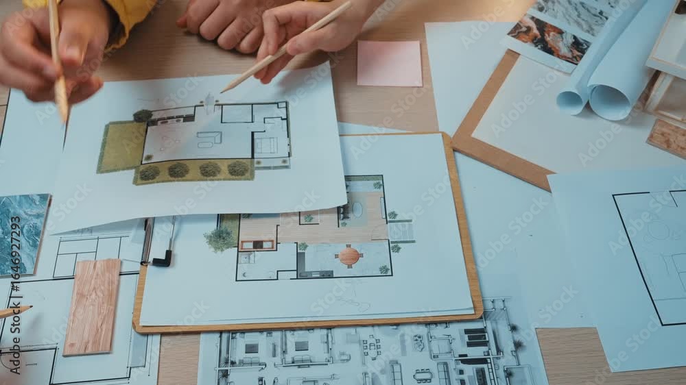 Poster a creative workspace showcasing hands sketching and planning architecture layouts on paper with colo