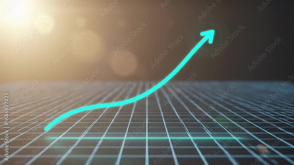 Poster glowing blue line forming an upward arrow on a grid, representing business growth and financial prog
