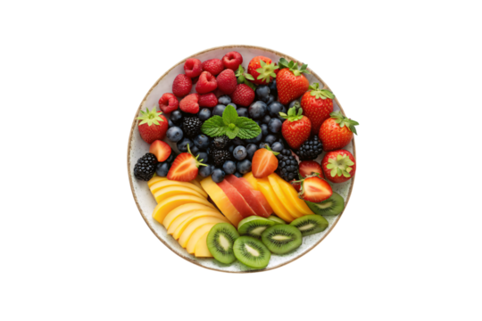 Elegant fruit arrangement with berries, kiwi, mango, strawberries, blackberries, and mint on ceramic plate, isolated on a transparent background - Powered by Adobe