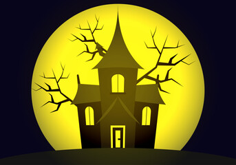 Mansión de miedo una noche con árboles secos