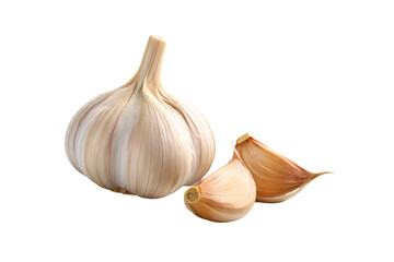 Single garlic bulb with separated cloves showing inner texture and natural coloring on white surface, isolated on a transparent background