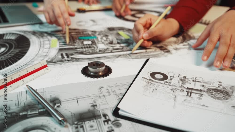 Poster a vibrant workspace showcasing detailed technical drawings of an aircraft engine. hands are engaged 