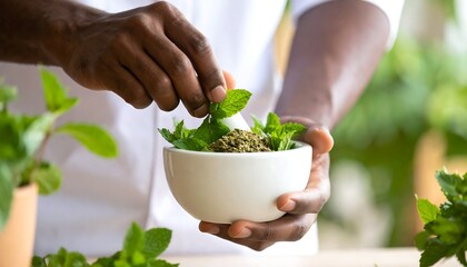 Man grinding fresh mint leaves.