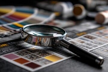 A magnifying glass is carefully sitting on top of a vibrant palette of colors