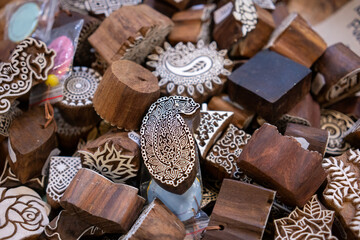 Wooden stamps for sale at a flea market 