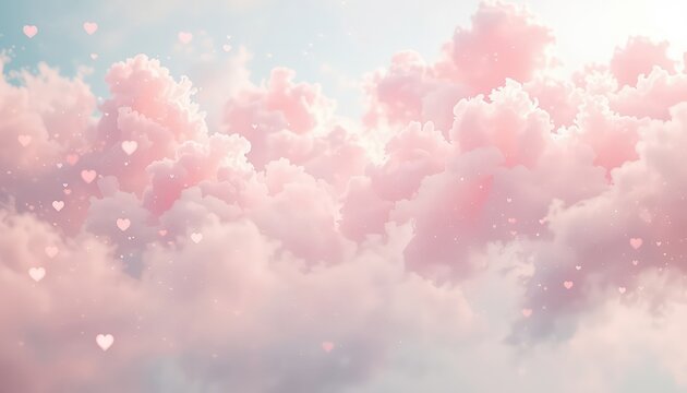 Dreamy landscape of pastel pink clouds with softly glowing heart shapes dispersed throughout the tranquil scene
