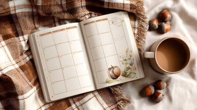 Cozy and warm watercolor of an autumn planner design with a plaid throw acorns and a minimalist nature inspired aesthetic Perfect for seasonal home decor craft projects or office organization