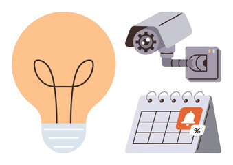 Lightbulb for creativity, surveillance camera for security, and calendar for organization. Ideal for innovation, productivity, safety, scheduling, planning, time management and modern technology