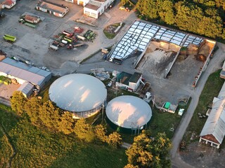 biogas production, biogas plants, bioenergy,aerial panorama landscape view of bio gas production...