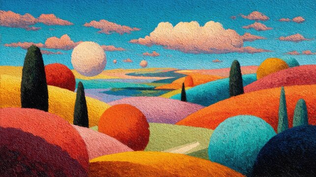 Colorful landscape of rolling hills, trees, and spherical objects, under a bright blue sky