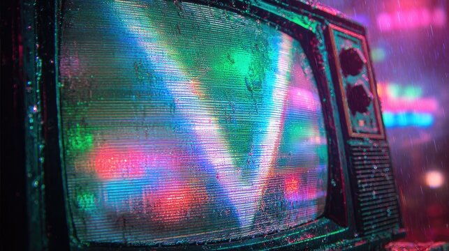 Vintage TV screen, vibrant colors, rain-streaked, glitch art, neon lights