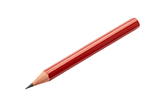 Red wooden pencil with sharpened graphite tip and natural wood body, isolated on a transparent background