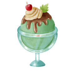 Delicious ice cream and cake topped with cherries. Delicious and sweet frozen desserts with cherry and chocolate topping in a glass bowl.