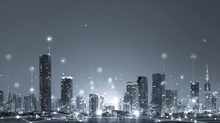 Night cityscape with overlaid digital network