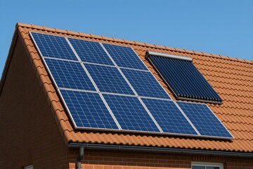 Fototapeta premium Modern residential rooftop featuring a large array of photovoltaic solar panels and a solar thermal water heater under a clear blue sky