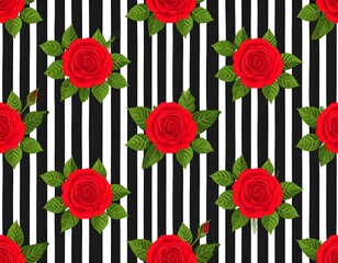 Red roses and black and white stripes repeat