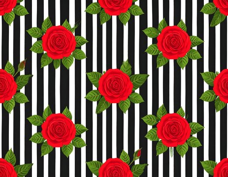 Red roses and black and white stripes repeat