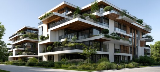 Fototapeta premium An artists impression of a modern apartment building with trees