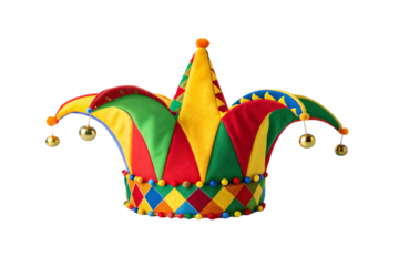 Festive carnival jester hat with bright colors, diamond motifs, golden bells and playful design, isolated on a transparent background