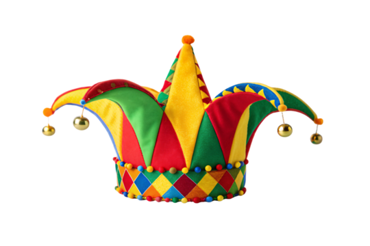 Festive carnival jester hat with bright colors, diamond motifs, golden bells and playful design, isolated on a transparent background