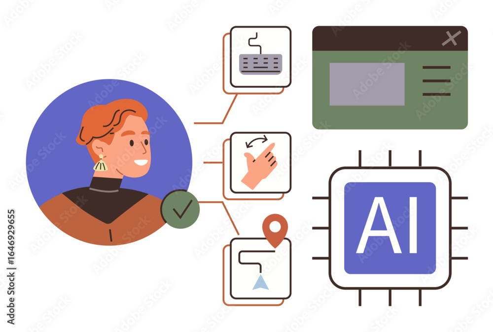 Poster user face with interactive ui icons, ai chip, and gesture-based controls. ideal for ai, tech innovat