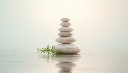 Obraz premium Harmony and Balance A Stack of Smooth Stones in Still Water, Complemented by a Sprig of Greenery, Reflecting a Serene and Peaceful Scene