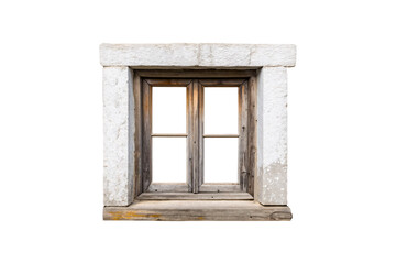 Obraz premium Open wooden window frame with stone surround, clear glass panes, rustic traditional European style, isolated on a transparent background
