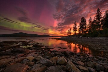 Aurora borealis over a tranquil lake at sunset